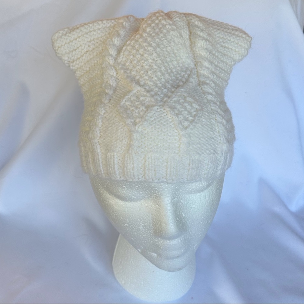 Made in USA. Handmade Cat Ear Knit Cable Rib Beanie Hat.